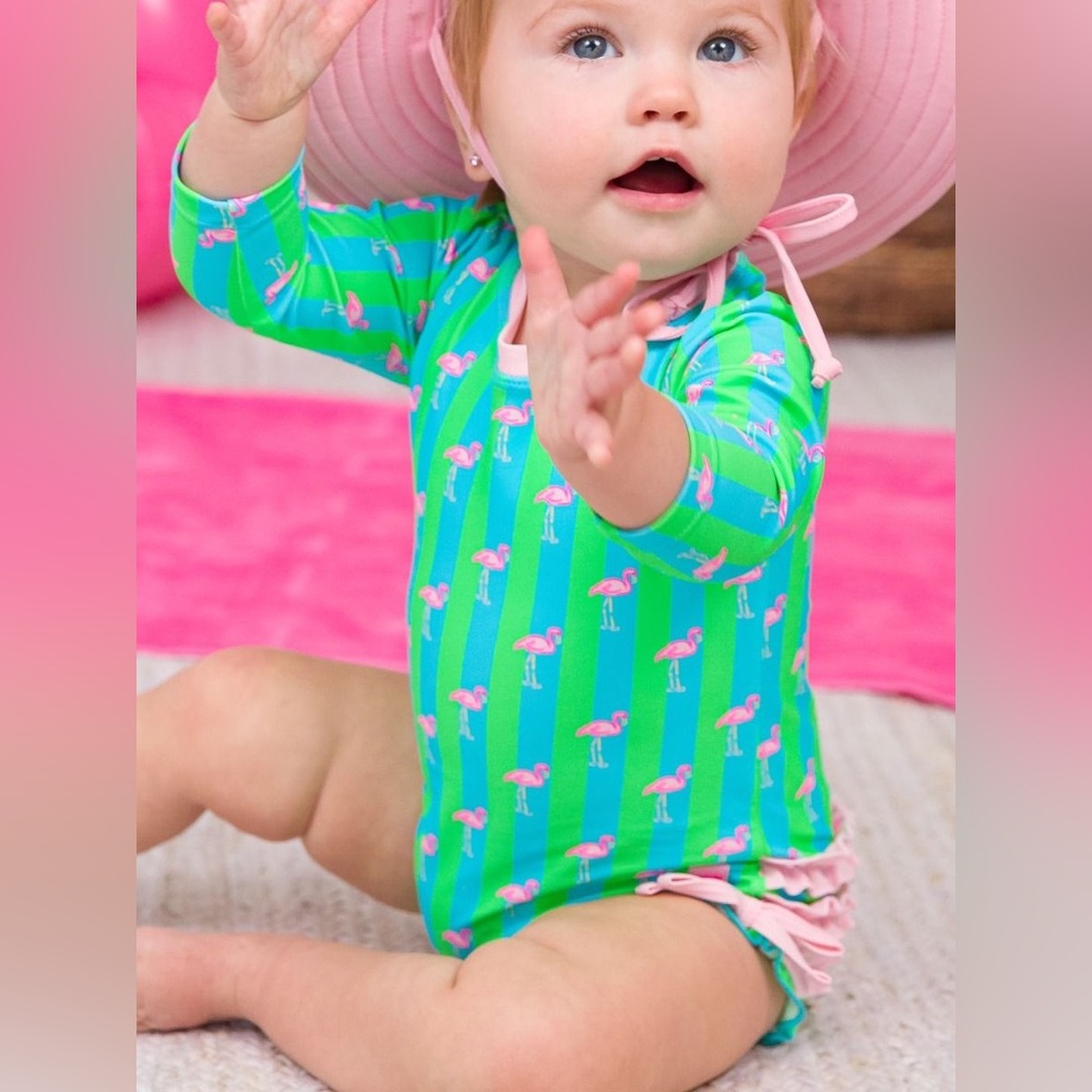 Ruffle Butts Green Flamingo Print Kids Swimwear - Picture 1 of 12